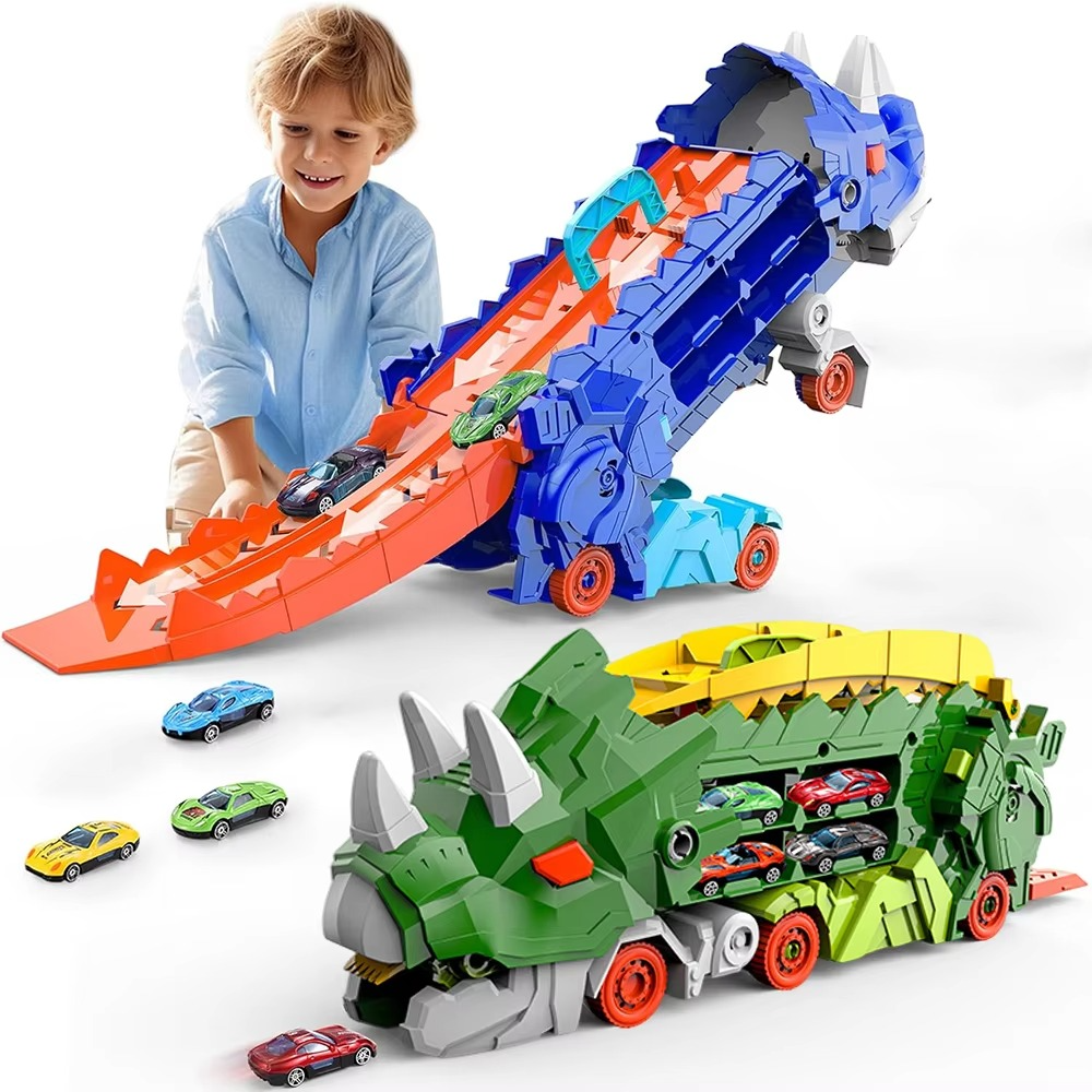 Dinosaur Swallowing Car Toy – Triceratops Slide Track with 4 Alloy Cars for Kids Ages 4–6