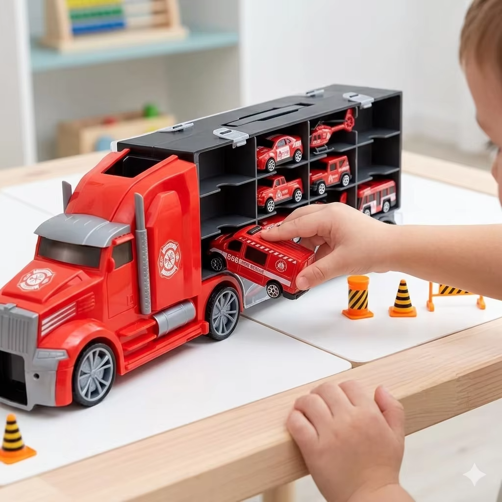 Fire Rescue Truck Toy Set with Helicopter, Bus, Car & Van – Emergency Rescue Vehicle Playset for Kids Ages 3+