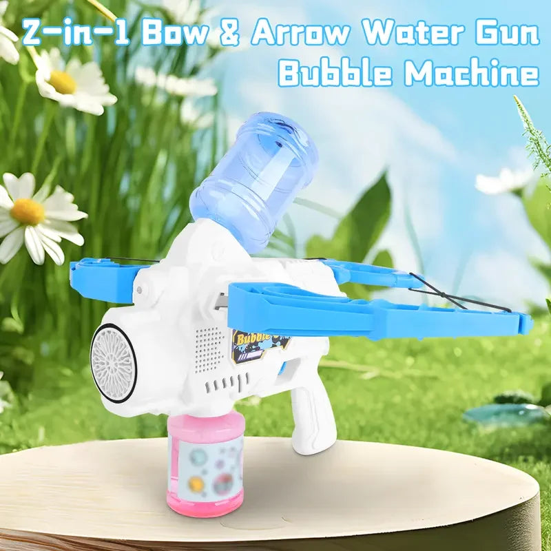 3-in-1 Bubble Water Gun & Bow Arrow Toy – Bubble Machine Blaster for Kids | Summer Outdoor Garden & Beach Fun (Blue)
