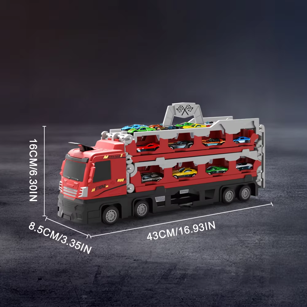 Kids Folding Transporter Truck Toy with Launch Track & Alloy Racing Cars – Large Car Carrier Playset for Children