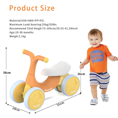 UBRAVOO Baby Balance Bike for Toddlers 10–36 Months – 4 Wheel No Pedal First Balance Bike with Soft PU Seat, Silent EVA Wheels, Lightweight Ride On Toy, Orange