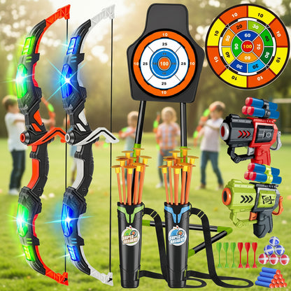 2-in-1 Kids Archery & Shooting Game Set – LED Bow & Arrow, Foam Dart Blasters & Target Board