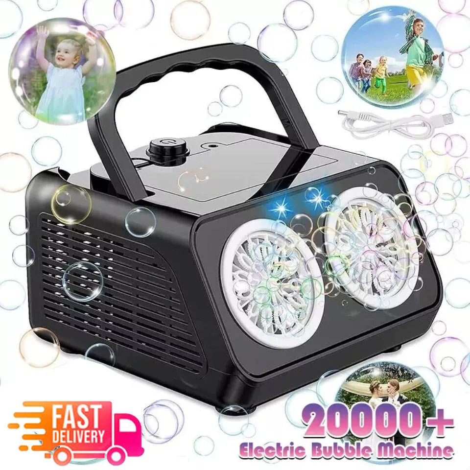Automatic Bubble Machine for Kids | 20,000+ Bubbles Per Minute | Dual Motor LED Bubble Blower | USB & Battery Powered | Outdoor Garden Party Bubble Maker | Blue & Pink