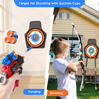 2-in-1 Kids Archery & Shooting Game Set – LED Bow & Arrow, Foam Dart Blasters & Target Board