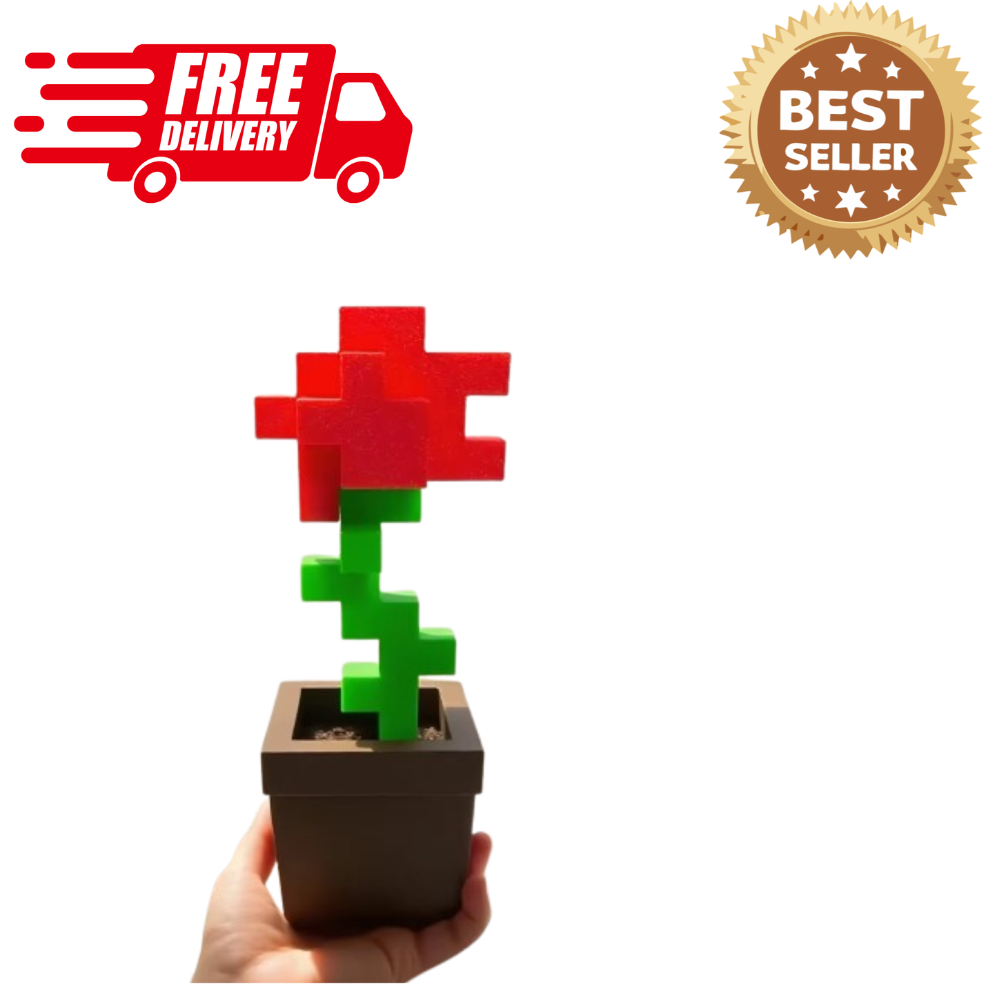 3D Printed Pixel Rose Flower Ornament | Retro Pixel Art Desk Decoration | Unique Home & Office Décor