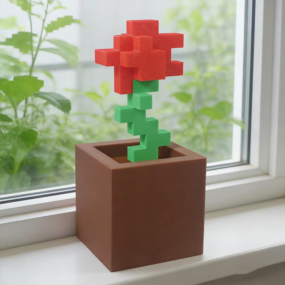 3D Printed Pixel Rose Flower Ornament | Retro Pixel Art Desk Decoration | Unique Home & Office Décor