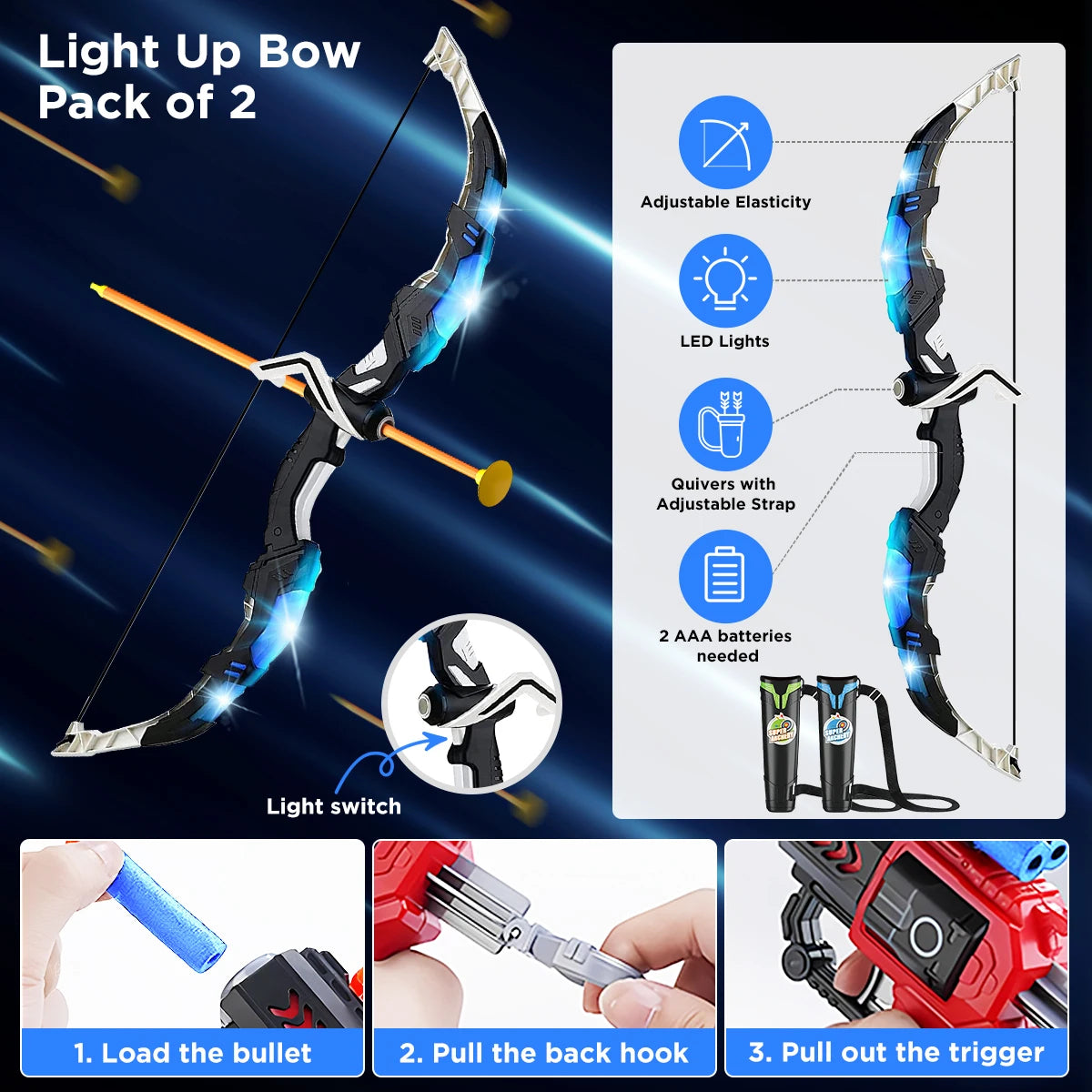 2-in-1 Kids Archery & Shooting Game Set – LED Bow & Arrow, Foam Dart Blasters & Target Board