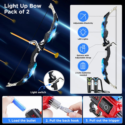 2-in-1 Kids Archery & Shooting Game Set – LED Bow & Arrow, Foam Dart Blasters & Target Board