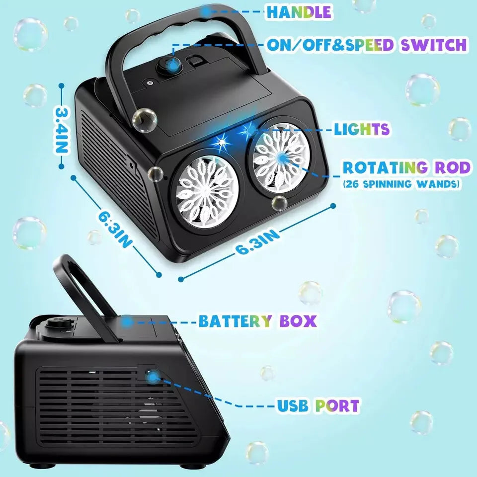 Automatic Bubble Machine for Kids | 20,000+ Bubbles Per Minute | Dual Motor LED Bubble Blower | USB & Battery Powered | Outdoor Garden Party Bubble Maker | Blue & Pink
