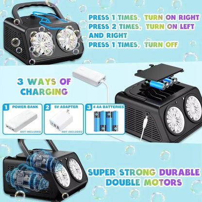 Automatic Bubble Machine for Kids | 20,000+ Bubbles Per Minute | Dual Motor LED Bubble Blower | USB & Battery Powered | Outdoor Garden Party Bubble Maker | Blue & Pink