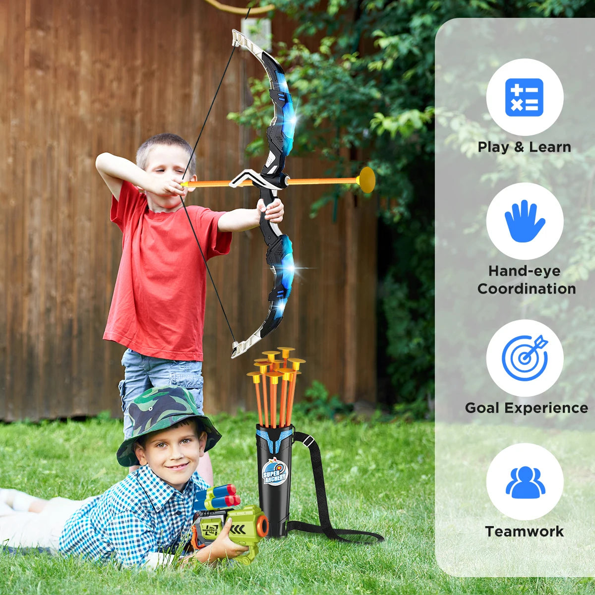 2-in-1 Kids Archery & Shooting Game Set – LED Bow & Arrow, Foam Dart Blasters & Target Board