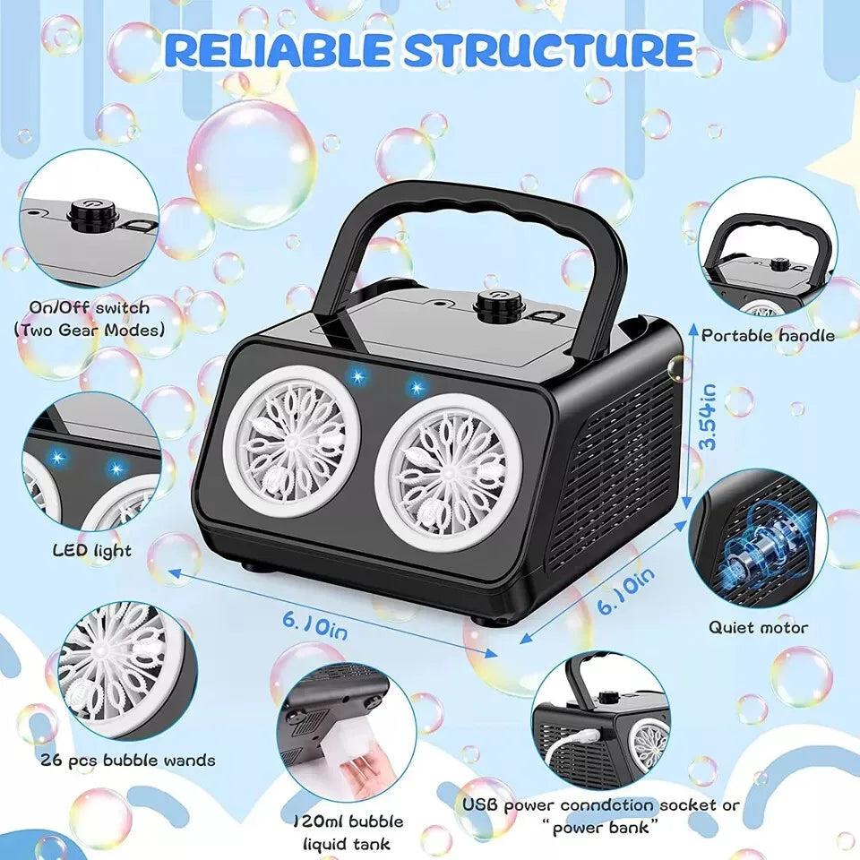 Automatic Bubble Machine for Kids | 20,000+ Bubbles Per Minute | Dual Motor LED Bubble Blower | USB & Battery Powered | Outdoor Garden Party Bubble Maker | Blue & Pink