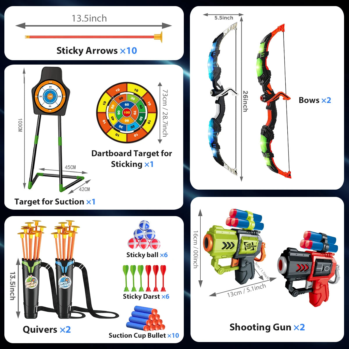 2-in-1 Kids Archery & Shooting Game Set – LED Bow & Arrow, Foam Dart Blasters & Target Board