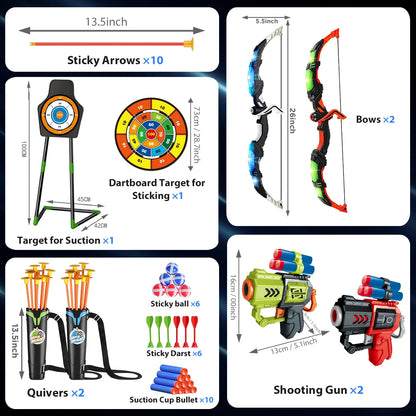 2-in-1 Kids Archery & Shooting Game Set – LED Bow & Arrow, Foam Dart Blasters & Target Board