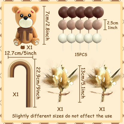 Boho Teddy Bear Cake Decoration Set – Cute Bohemian Cake Topper for Birthdays, Baby Showers, Weddings & Baptisms