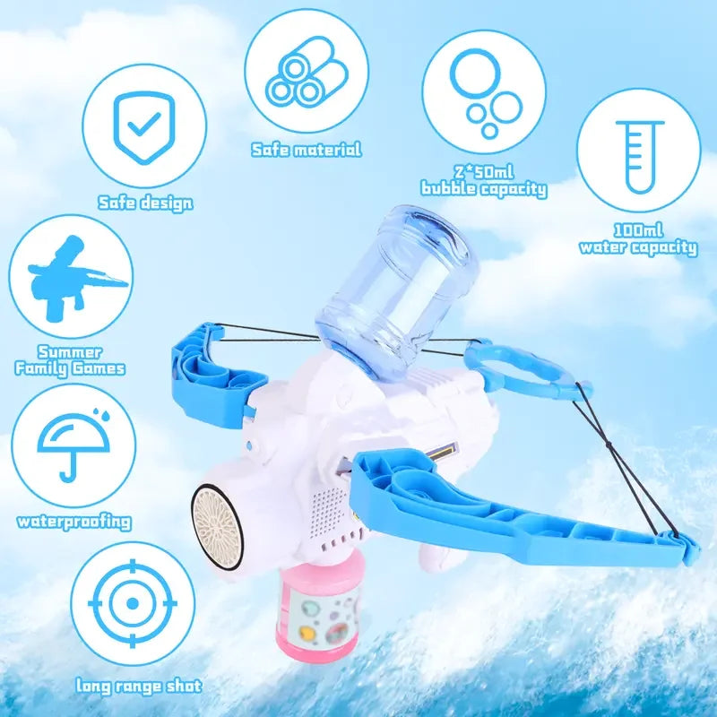 3-in-1 Bubble Water Gun & Bow Arrow Toy – Bubble Machine Blaster for Kids | Summer Outdoor Garden & Beach Fun (Blue)