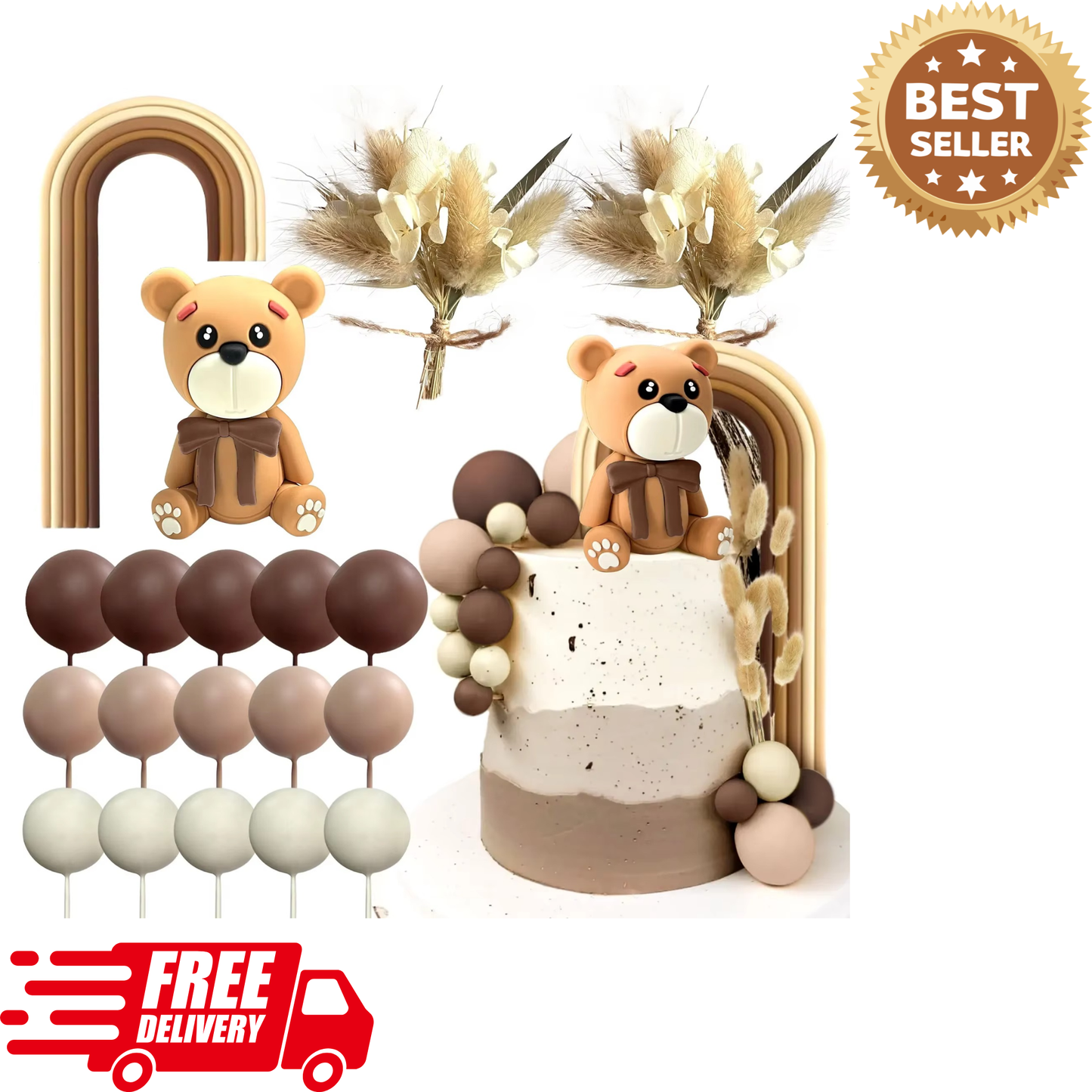 Boho Teddy Bear Cake Decoration Set – Cute Bohemian Cake Topper for Birthdays, Baby Showers, Weddings & Baptisms