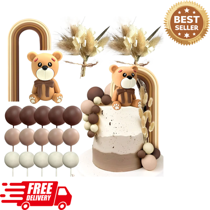 Boho Teddy Bear Cake Decoration Set – Cute Bohemian Cake Topper for Birthdays, Baby Showers, Weddings & Baptisms