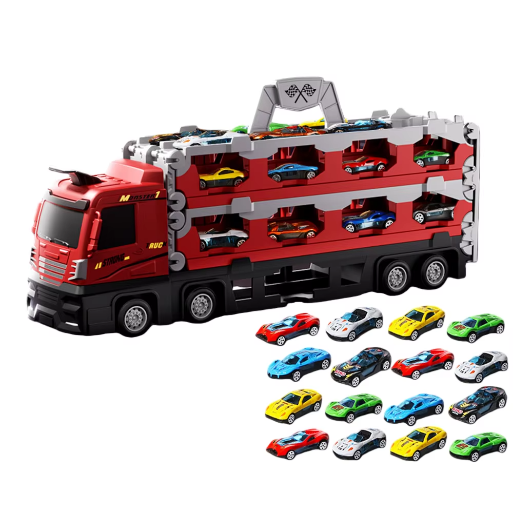 Kids Folding Transporter Truck Toy with Launch Track & Alloy Racing Cars – Large Car Carrier Playset for Children
