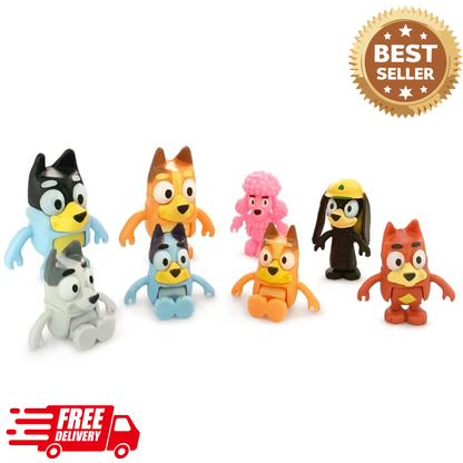 8-Piece Cartoon Dog Family Action Figure Set – Movable PVC Collectible Figures for Kids' Play & Party Decorations