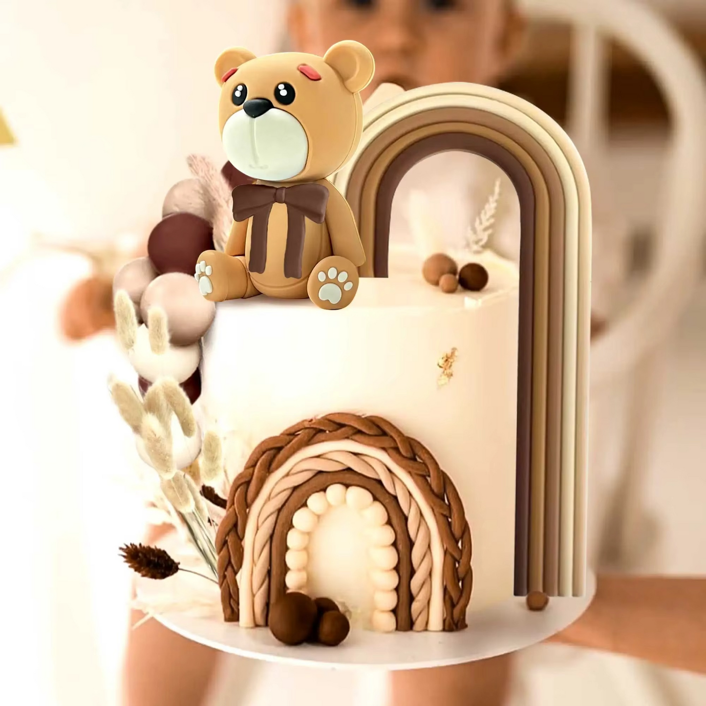 Boho Teddy Bear Cake Decoration Set – Cute Bohemian Cake Topper for Birthdays, Baby Showers, Weddings & Baptisms