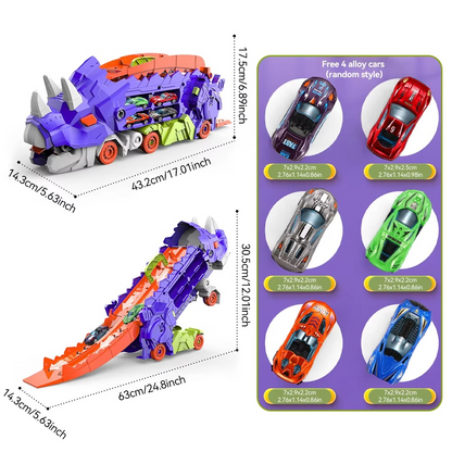 Dinosaur Swallowing Car Toy – Triceratops Slide Track with 4 Alloy Cars for Kids Ages 4–6