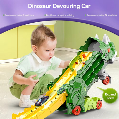 Dinosaur Swallowing Car Toy – Triceratops Slide Track with 4 Alloy Cars for Kids Ages 4–6