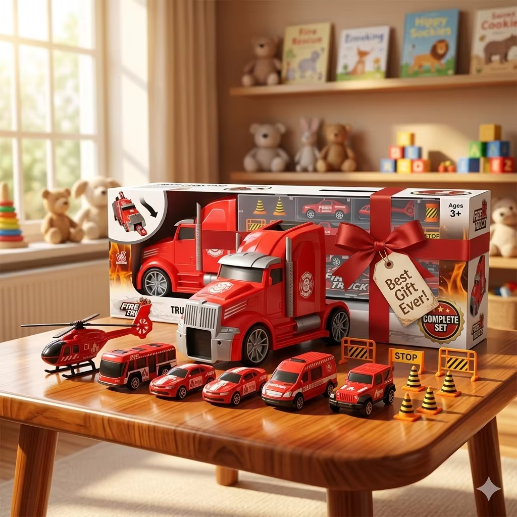 Fire Rescue Truck Toy Set with Helicopter, Bus, Car & Van – Emergency Rescue Vehicle Playset for Kids Ages 3+