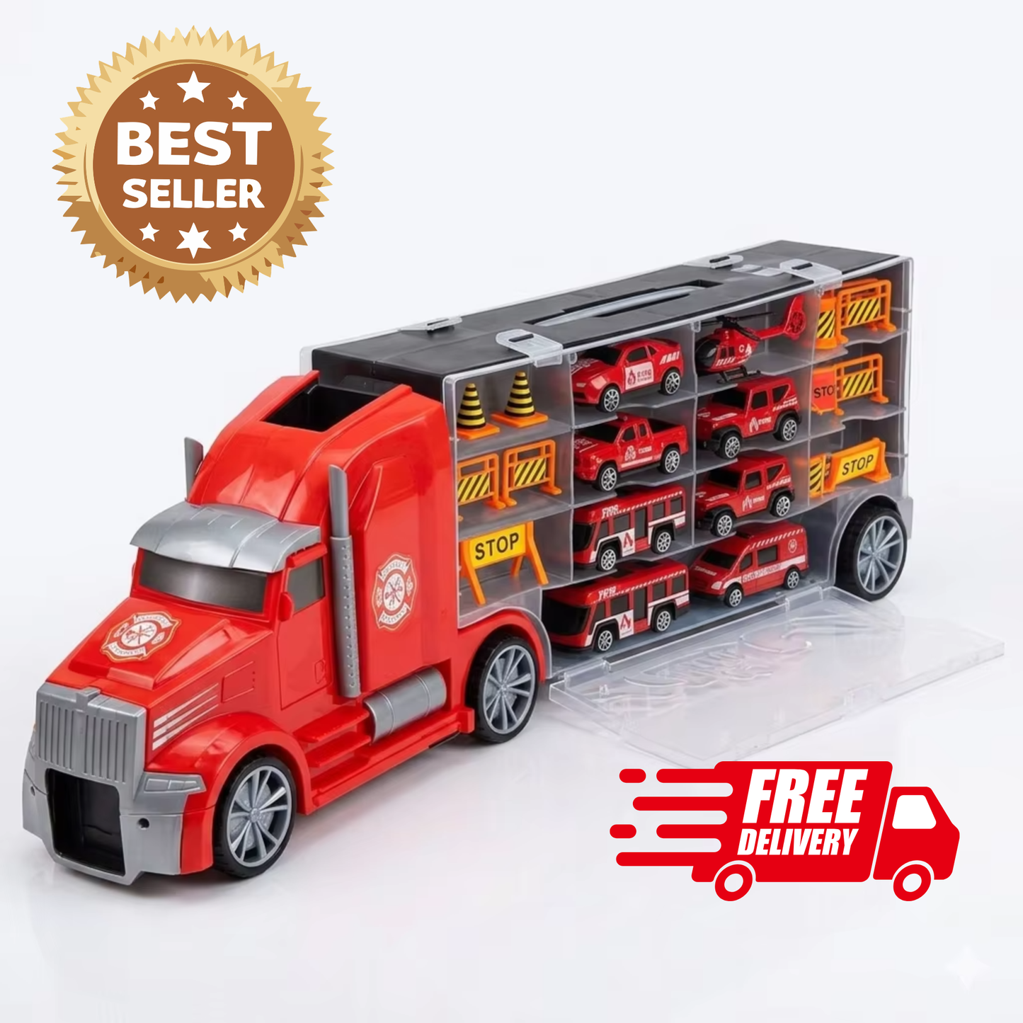 Fire Rescue Truck Toy Set with Helicopter, Bus, Car & Van – Emergency Rescue Vehicle Playset for Kids Ages 3+