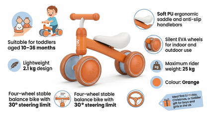 UBRAVOO Baby Balance Bike for Toddlers 10–36 Months – 4 Wheel No Pedal First Balance Bike with Soft PU Seat, Silent EVA Wheels, Lightweight Ride On Toy, Orange