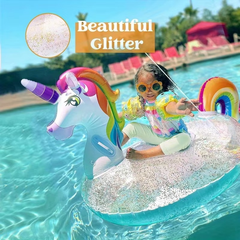 Sloosh Unicorn Pool Float Kids Inflatable Rainbow Unicorn Floaty with Glitters Fun Pool Floats Ride On Unicorn for Kids