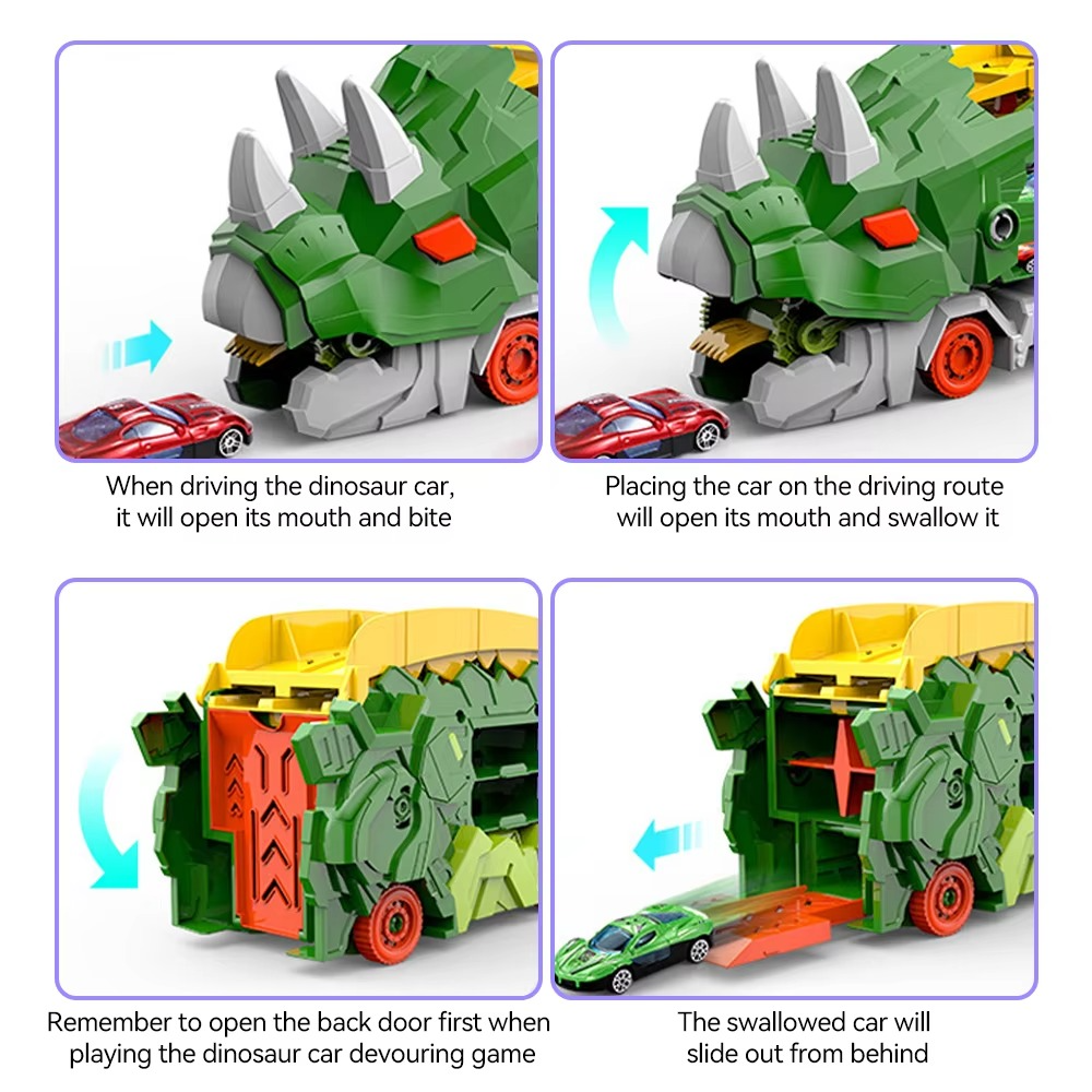 Dinosaur Swallowing Car Toy – Triceratops Slide Track with 4 Alloy Cars for Kids Ages 4–6