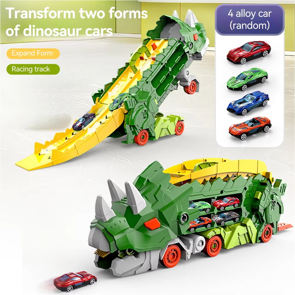 Dinosaur Swallowing Car Toy – Triceratops Slide Track with 4 Alloy Cars for Kids Ages 4–6