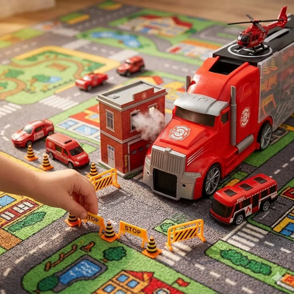 Fire Rescue Truck Toy Set with Helicopter, Bus, Car & Van – Emergency Rescue Vehicle Playset for Kids Ages 3+