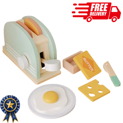 Wooden Toaster Toy Set for Kids – Pretend Play Breakfast Kitchen Playset with Bread & Accessories | Montessori Educational Gift