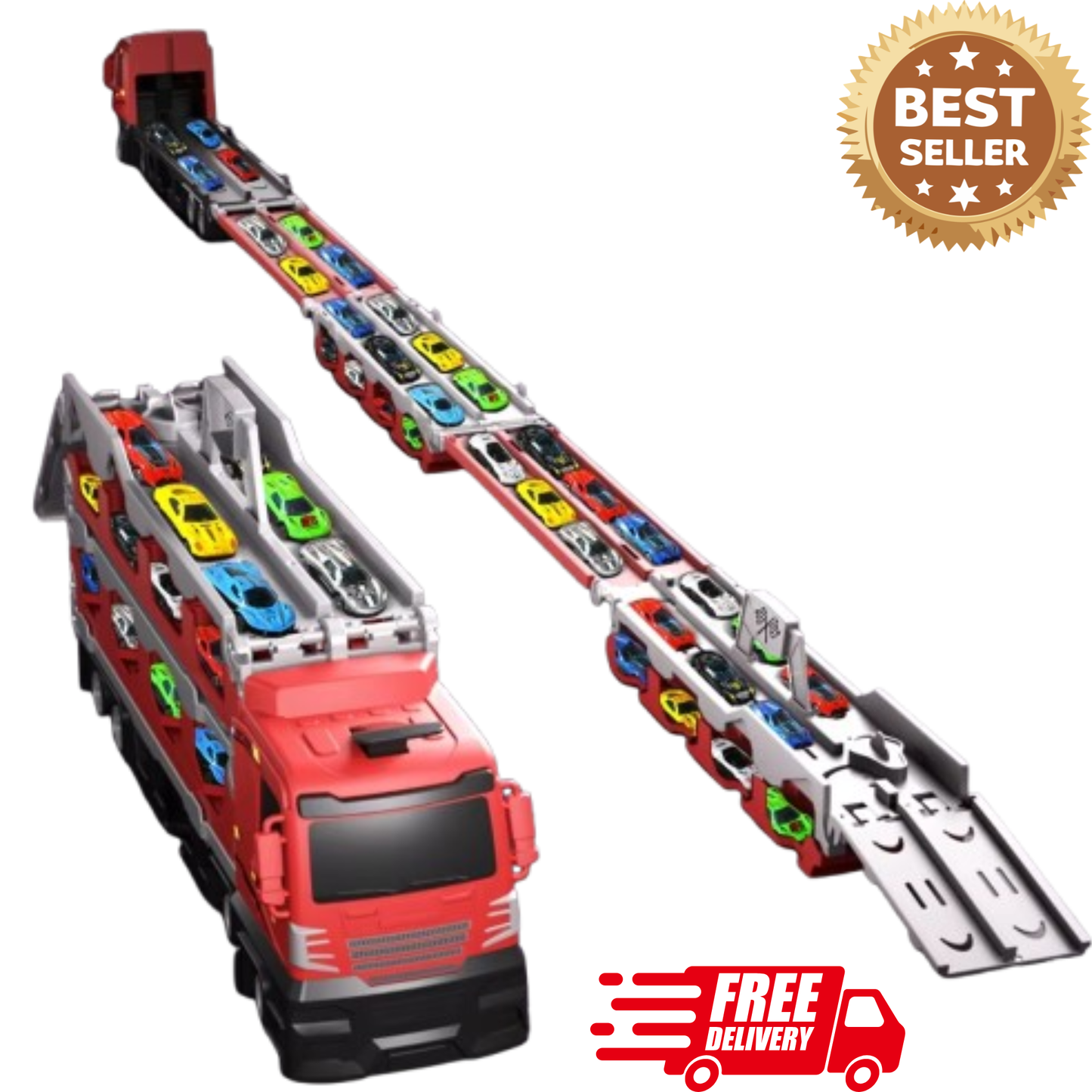 Kids Folding Transporter Truck Toy with Launch Track & Alloy Racing Cars – Large Car Carrier Playset for Children