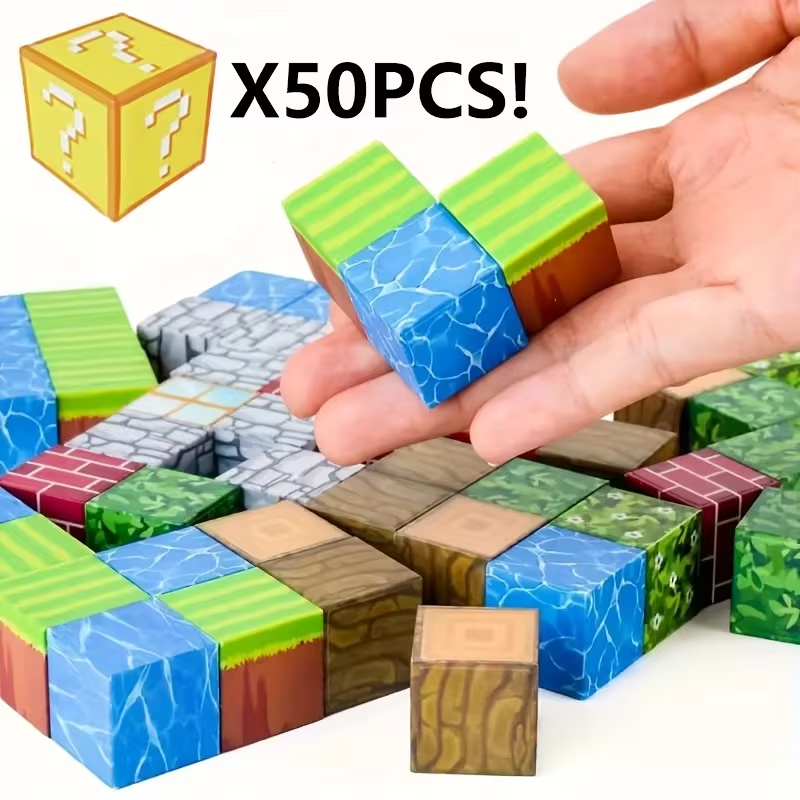 Magnetic Building Blocks Set – 50, 100 or 200 PCS Pixel-Style Magnetic Cubes | STEM Construction Toy for Kids