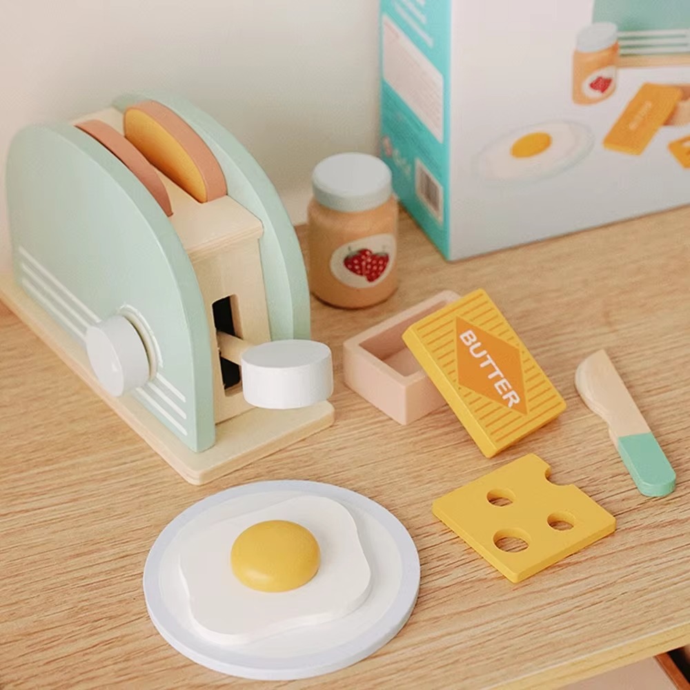 Wooden Toaster Toy Set for Kids – Pretend Play Breakfast Kitchen Playset with Bread & Accessories | Montessori Educational Gift