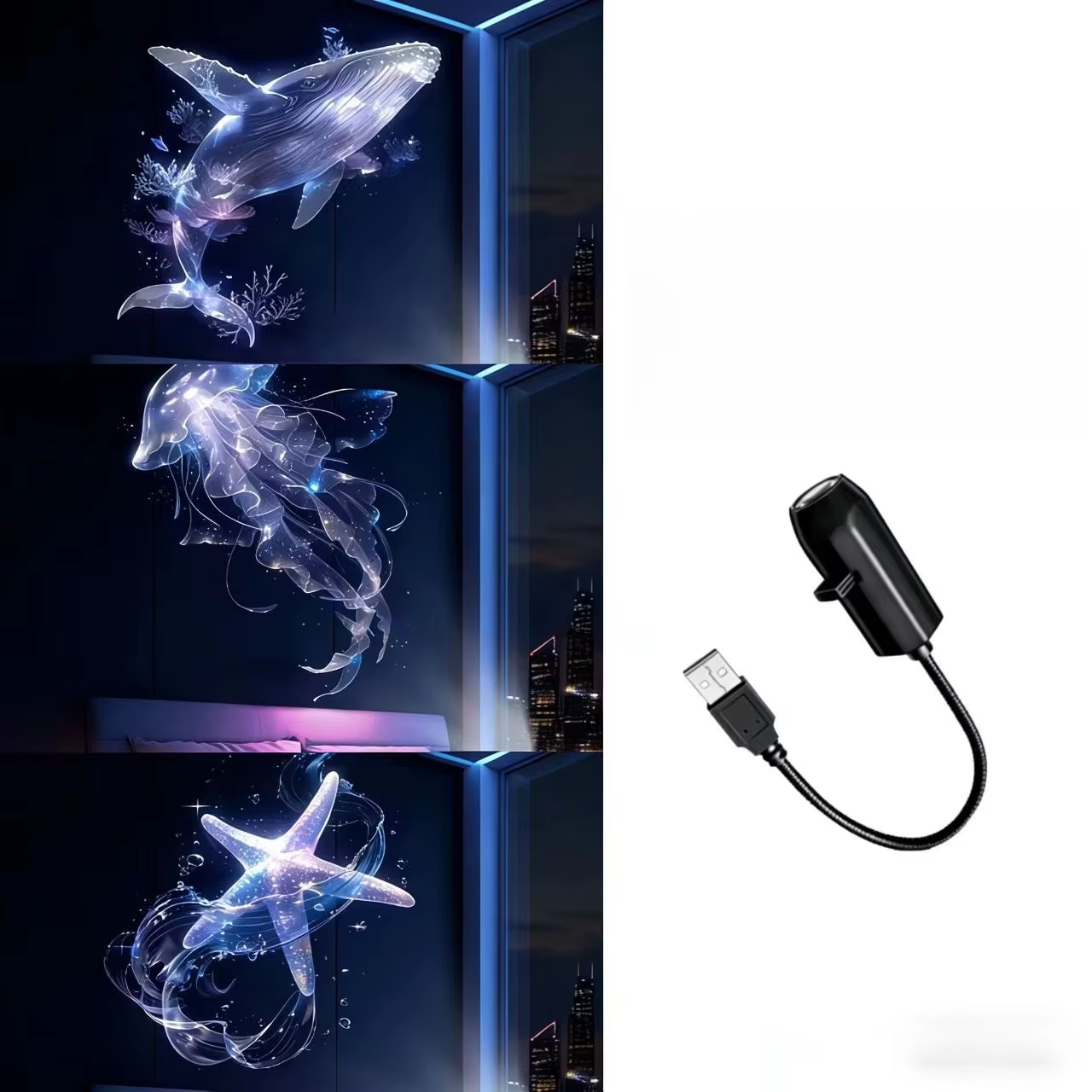 LED USB Ocean Projector Night Light – Adjustable Whale, Butterfly, Jellyfish & Starfish Projection Lamp