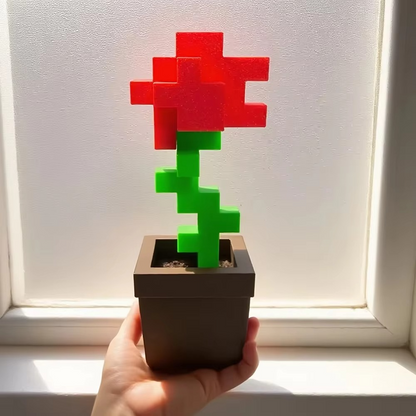 3D Printed Pixel Rose Flower Ornament | Retro Pixel Art Desk Decoration | Unique Home & Office Décor