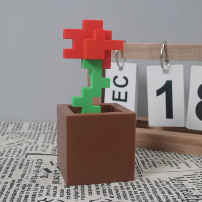 3D Printed Pixel Rose Flower Ornament | Retro Pixel Art Desk Decoration | Unique Home & Office Décor