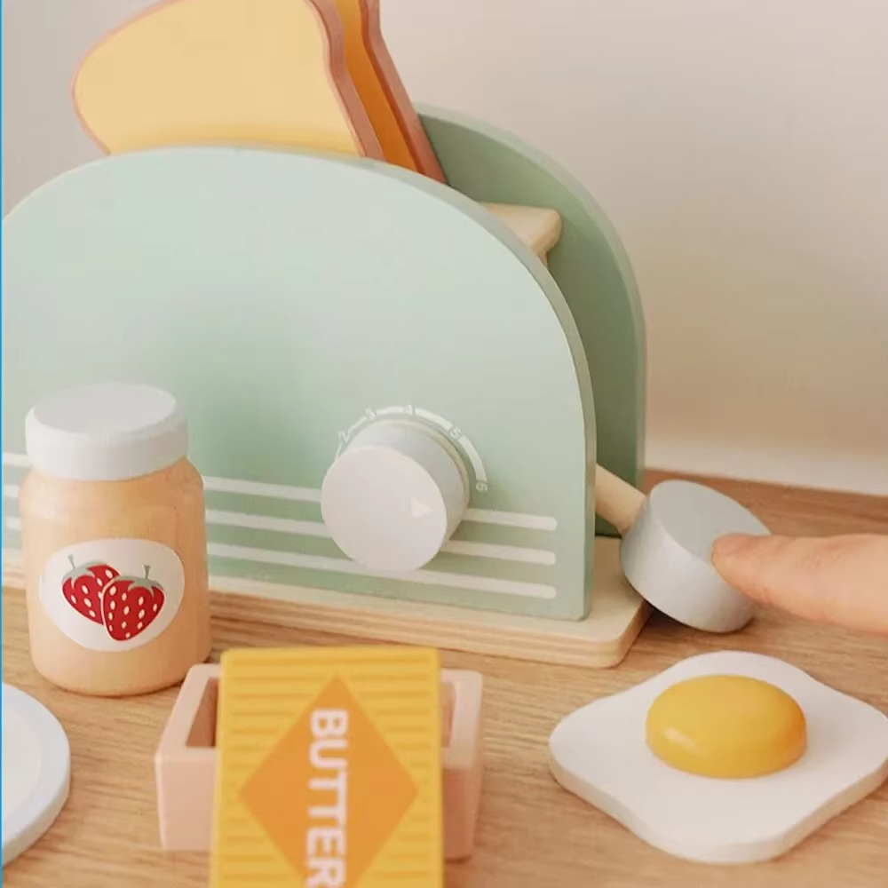 Wooden Toaster Toy Set for Kids – Pretend Play Breakfast Kitchen Playset with Bread & Accessories | Montessori Educational Gift