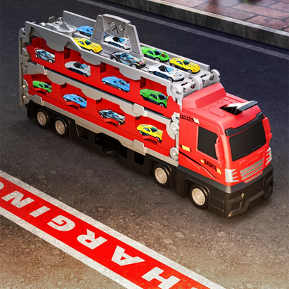 Kids Folding Transporter Truck Toy with Launch Track & Alloy Racing Cars – Large Car Carrier Playset for Children