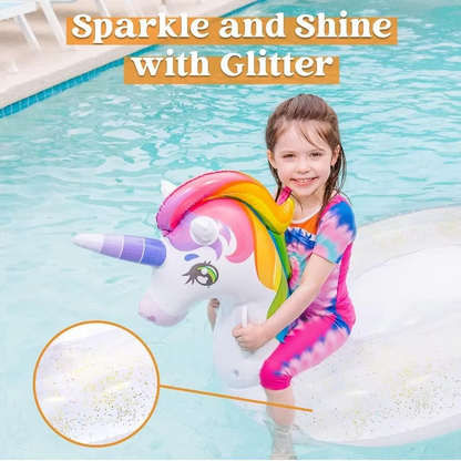 Sloosh Unicorn Pool Float Kids Inflatable Rainbow Unicorn Floaty with Glitters Fun Pool Floats Ride On Unicorn for Kids