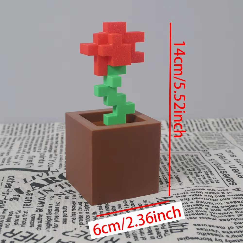 3D Printed Pixel Rose Flower Ornament | Retro Pixel Art Desk Decoration | Unique Home & Office Décor