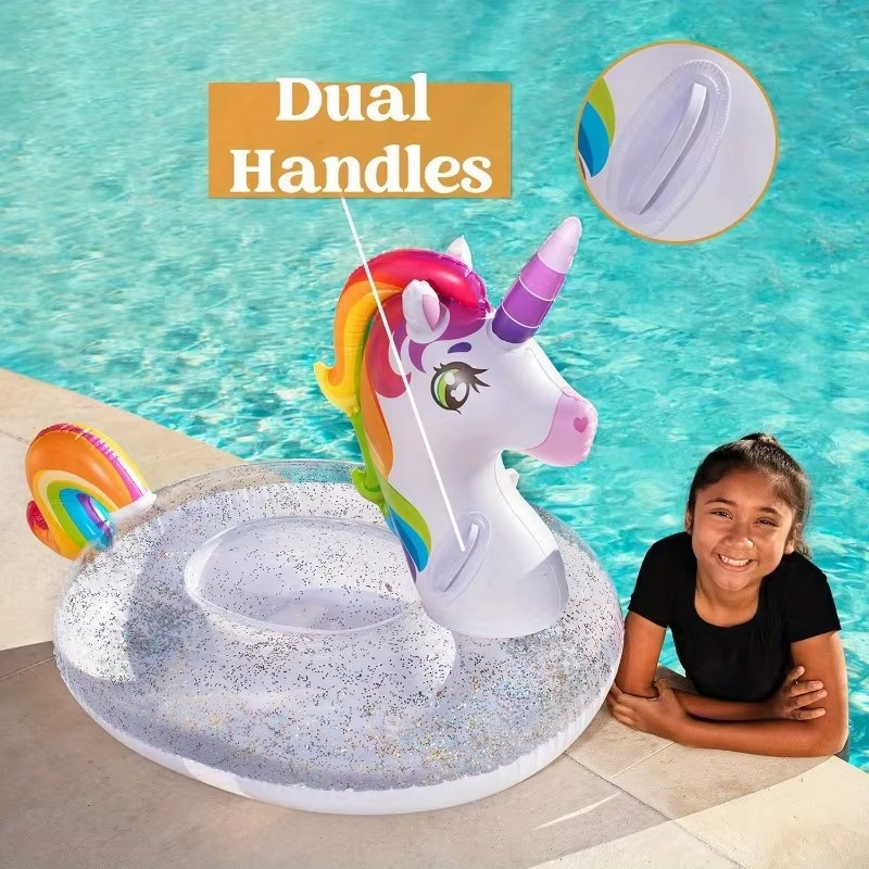 Sloosh Unicorn Pool Float Kids Inflatable Rainbow Unicorn Floaty with Glitters Fun Pool Floats Ride On Unicorn for Kids