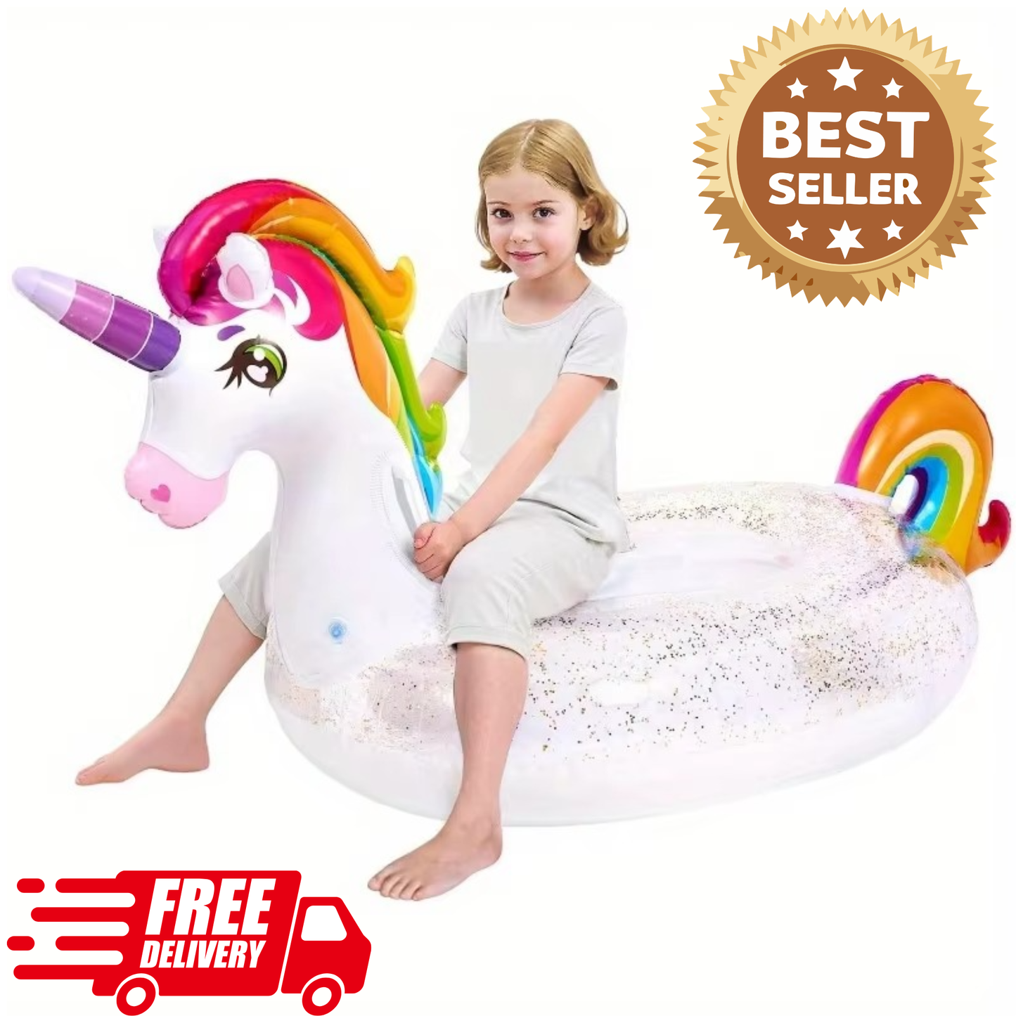 Sloosh Unicorn Pool Float Kids Inflatable Rainbow Unicorn Floaty with Glitters Fun Pool Floats Ride On Unicorn for Kids