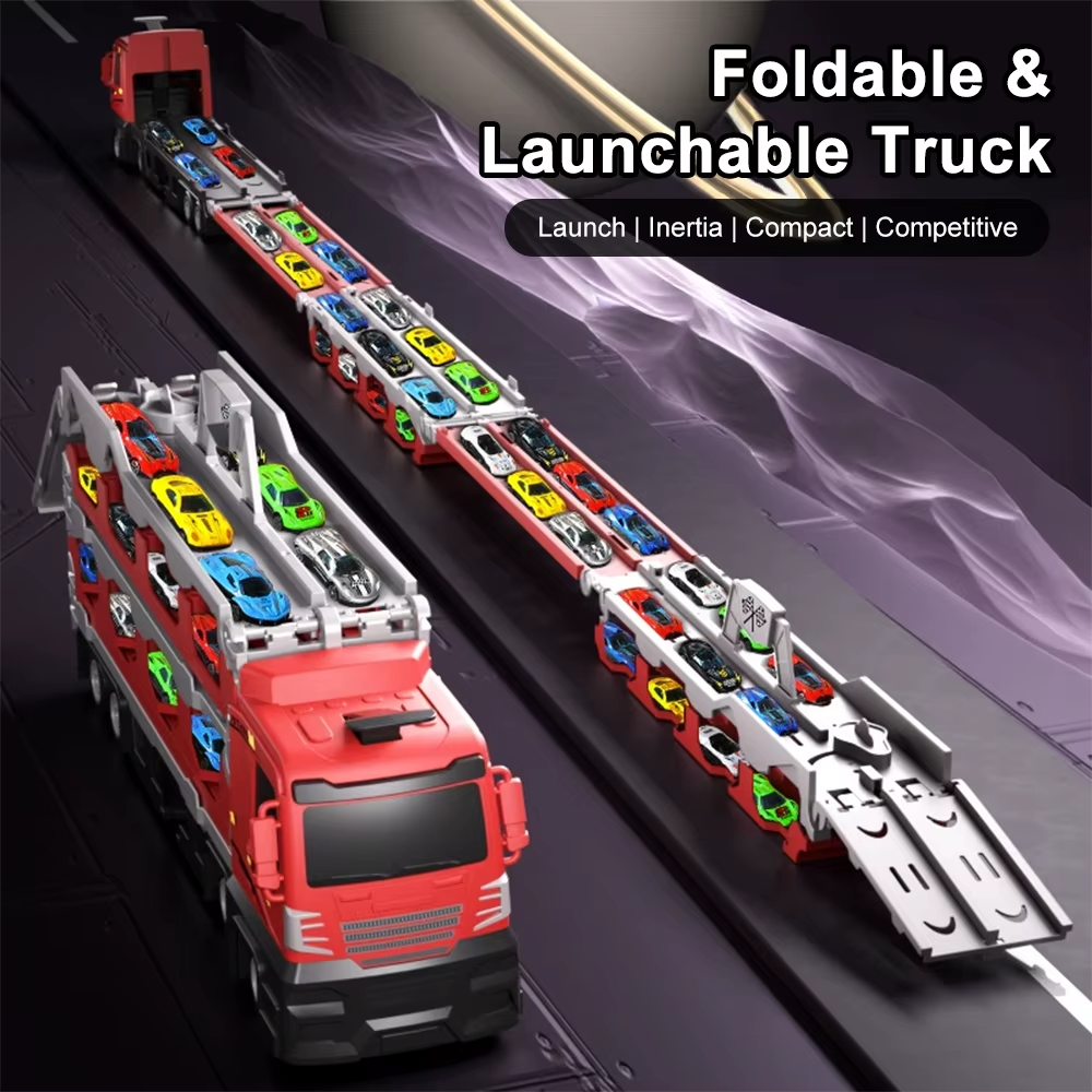 Kids Folding Transporter Truck Toy with Launch Track & Alloy Racing Cars – Large Car Carrier Playset for Children