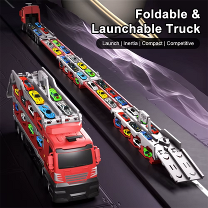 Kids Folding Transporter Truck Toy with Launch Track & Alloy Racing Cars – Large Car Carrier Playset for Children