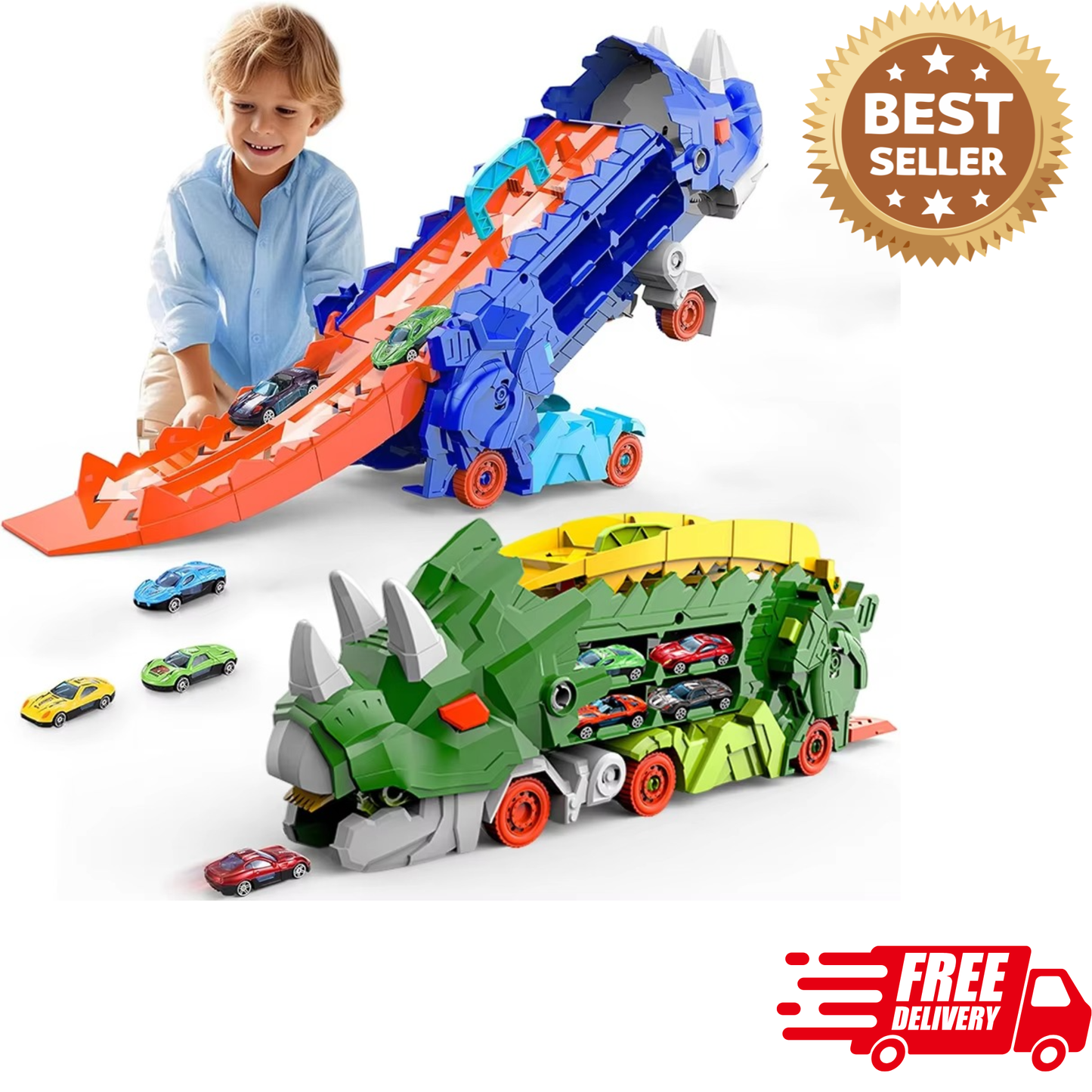 Dinosaur Swallowing Car Toy – Triceratops Slide Track with 4 Alloy Cars for Kids Ages 4–6
